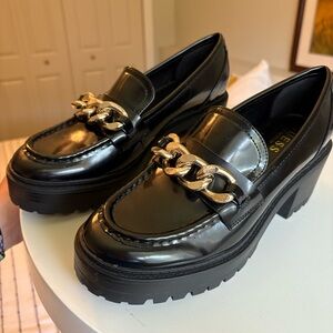 Guess Black Patent Leather Loafers with Gold Chain